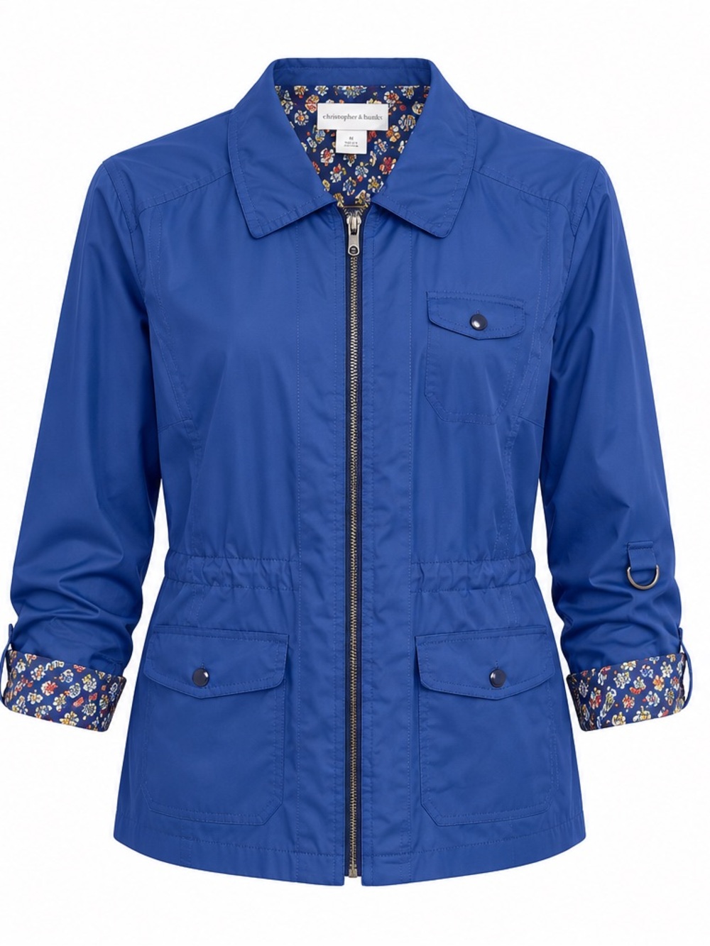 CJ Banks- Contrasting Floral Trim Blue Rain Jacket Coat with Pockets